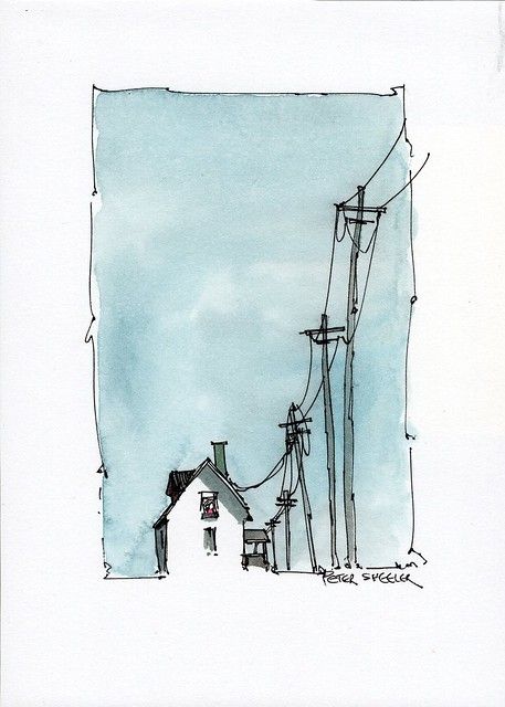 Small Pen Drawings, Peter Scheeler, Piercings Corps, Line And Wash Watercolor, Peter Sheeler, Line And Wash, Video Set, Watercolor Architecture, Power Lines