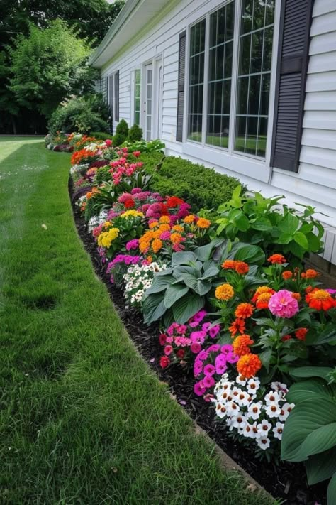 Front Yard Flowers Landscaping, Front Yard Flower Bed Ideas Perennials, Front Small Yard Landscaping, Ranch Garden Ideas, Flower Border Landscape, Front Porch Garden Ideas Flower Beds, Outdoor Flower Bed Ideas, Flower Garden Ideas In Front Of House, Flower Bed Ideas In Front Of House