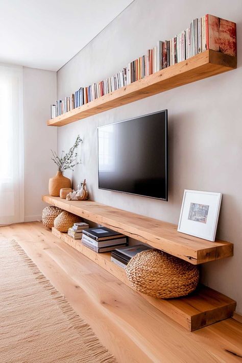 #cheapcouches #budgetdecor #affordablefurniture #homedecor #interiordesign #furniturefinds #livingroomstyle #homeinteriors #stylishsofa #couchinspo Tv Wall Design With Shelf, Living Room Tv Shelving Ideas, Flat Wall Living Room Ideas, Stylish Tv Stands, Under Tv Unit Ideas, Bookshelf Walls Living Room, Wall Shelf For Tv, Wall Shelves Living Room Above Tv, Book Shelf Next To Tv