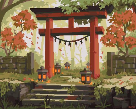 Forest Shrine Art, Japanese Shrine Art, Background Class, Shrines Art, Japanese Forest, Indie Game Art, Japanese Shrine, Japan Painting, Dreamy Artwork