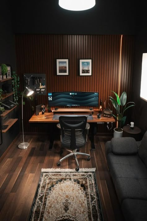 Men’s Home Office, Home Studio Ideas, Home Music Rooms, Modern Home Offices, Home Studio Setup, Desktop Setup, Office Renovation, Desk Setups, Home Studio Music