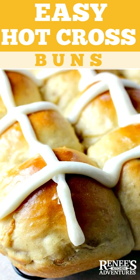 Easy Hot Cross Buns by Renee's Kitchen Adventures are an Easter tradition! Sweet yeast dough dotted with golden raisins and frosted with a cross. Easy to make at home. This is the Best hot cross bun recipe I've found and I'm sharing it with you! #hotcrossbuns #hotcrossbunrecipe #Tradtionalhotcrossbuns Hot Cross Buns Recipe Easy, Buns Recipe Easy, Recipe Runner, Cross Buns Recipe, Hot Cross Buns Recipe, Hot Cross Bun, Buns Recipe, Sweet Dough, Easter Bread