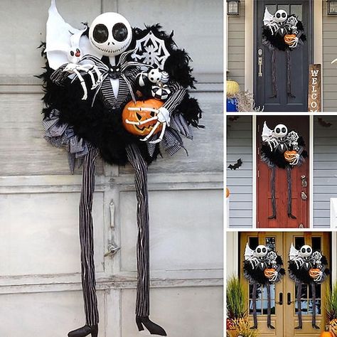 Cheap Halloween Party, Jack The Pumpkin King, Halloween Skeleton Decorations, Halloween Front Doors, Pumpkin Garland, Skeleton Decorations, Halloween Garland, Pumpkin Flower, Easter Toys