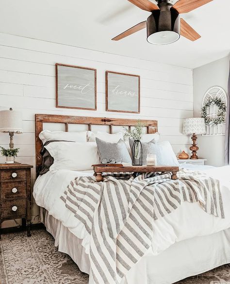 Farmhouse Bedroom with shiplap walls Design Ložnic, Farmhouse Bedroom Decor Ideas, Modern Farmhouse Bedroom, Decor Ikea, Budget Bedroom, Farmhouse Bedroom Decor, Modern Bedroom Design, Farmhouse Bedroom, Master Bedrooms Decor