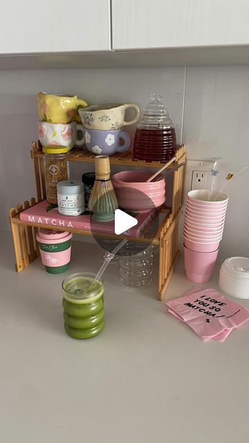 VALERIE SANDERS on Instagram: "It turned out so cute! All my matcha essentials 🍵💗 everything is on my amazon favorites page! #matcha #matchastation #coffeecorner #amazonfinds #pinterestaesthetic" Matcha Organization, Matcha Corner Home, Matcha Corner, Matcha Bar At Home, Matcha Station At Home, Matcha Station, Matcha Bar, Matcha Bars, Sweet Interior