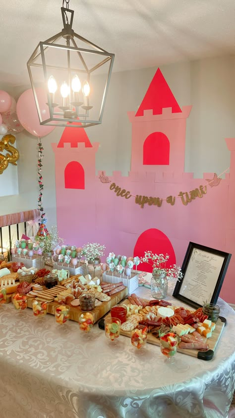 Once upon a time princess party snack table and castle backdrop Princess Christmas Party, Aurora Themed Birthday Party, Princess Tea Party Birthday Decorations, Princess Ball Party Ideas, Princess Pizza Party, Once Upon A Time 1st Birthday Party, Princess Party Food Ideas, Adult Princess Party, Princess Party Snacks