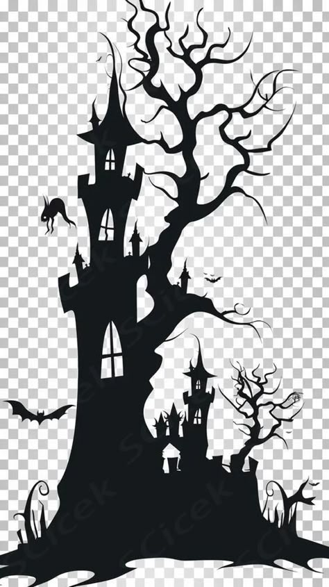 Haunted House Silhouette Art, Haunted House Silhouette, Haunted House Svg, Halloween Projector, House In Forest, Haunted Tree, Haunted House Decor, Halloween Silhouette, Spooky Haunted House