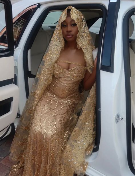 Middle Eastern Prom Dress, Prom Dress With Head Veil, Gold Prom Black Women, Prom Dresses With Veil, Cruise Night Club Outfits, Veil Prom Dress, Prom Dresses With Head Piece, Nigerian Prom Dress Gold, Arabic Prom Dress