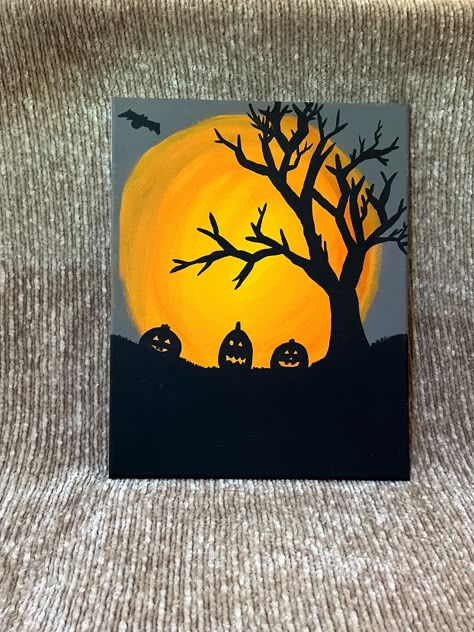 Easy Acrylic Painting Ideas Halloween, Painting Inspo Halloween, Easy Painting On Pumpkins, Halloween Painting Ideas For Beginners, Things To Paint Easy Halloween, Paint Night Halloween, Halloween Aesthetic Painting Ideas, Easy Acrylic Halloween Paintings, Halloween Sky Painting