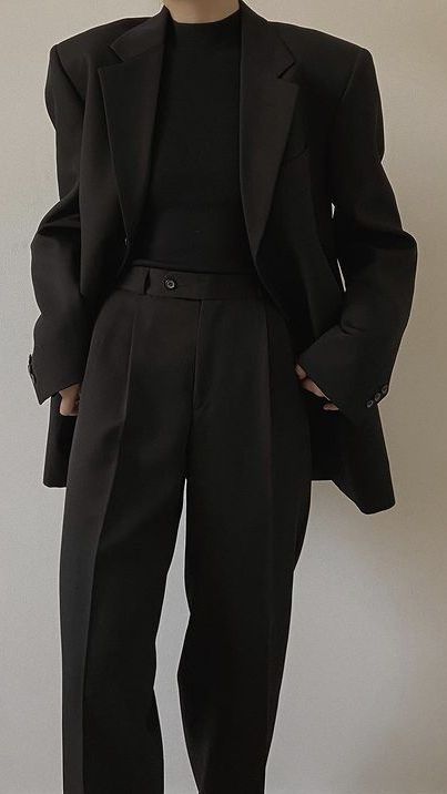 All Black Lawyer Outfit, Full Black Formal Outfit Woman, Suit Coat Outfits For Women Casual, Formal Comfortable Outfit, Formal Unisex Outfit, Dark Masc Outfits For Women, Black Satin Shirt Outfit Casual, Formal Grunge Outfits Classy, Elegant Tomboy Outfits