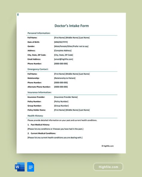 Doctor's Intake Form - Word | Google Docs - Highfile Intake Form, Emergency Contact, Medical History, Google Docs, Health Conditions, A Doctor, Medical Professionals, First Names, Medical