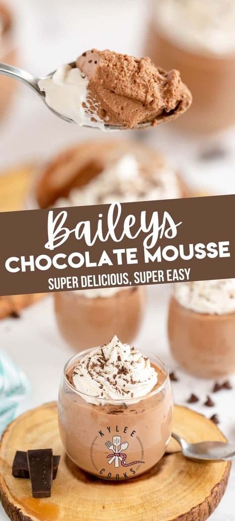 How about this Bailey's Chocolate Mousse?  It's creamy, decadent, rich and it ABSOLUTELY hits the spot after dinner. Easy Baileys Chocolate Mousse, Chocolate Mousse With Pudding, Baileys Recipes Desserts, Baileys Chocolate Mousse, Baileys Mousse, Bailey Mousse, Baileys Dessert, Impressive Dessert, Baileys Recipes