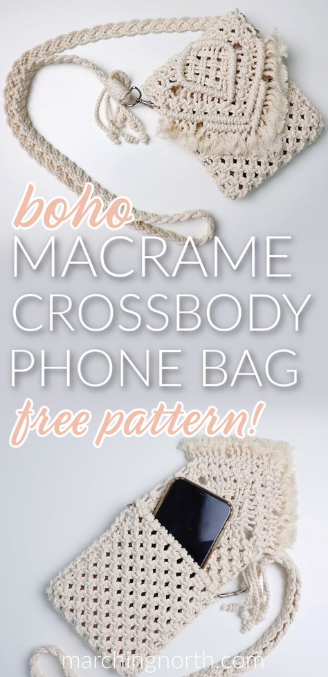 Learn how to make this simple macrame sling bag that's perfect to hold your phone and a few cards or cash when you're out and about! Includes free pattern and video tutorial | free macrame patterns | macrame bag tutorial | DIY phone bag | DIY sling bag | macrame purse | macrame crossbody bag Free Macrame Purse Patterns, Macrame Bag Diy Tutorials Free Pattern, Macrame Dress Diy Free Pattern, 1mm Macrame Projects, Macrame Bag Pattern Free, Macrame Bags Handbags, Macrame Cross Body Bag, Macrame Purse Pattern Free, Macrame Handbag Tutorial Patterns