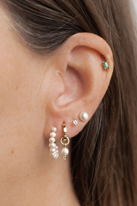 Create this ear stack with our new Harper Pearl Half Hoops and Pearl Diamond Hoop Charm. Bridal Stacked Earrings, Double Ear Stack, Silver Earring Combinations, Wedding Ear Piercings, Bridal Earrings Multiple Piercings, Pearl Ear Stack, Wedding Earrings Multiple Piercings, Bridal Earring Stack, Wedding Earring Stack