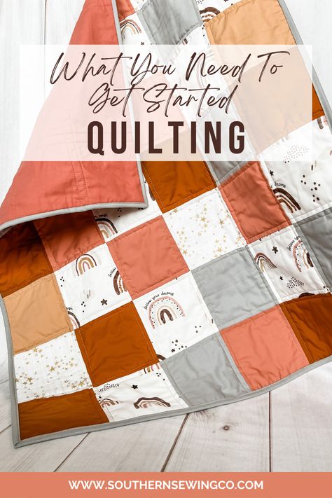 Diy Quilt Beginners, Easy Hand Sewn Quilts For Beginners, Easy First Quilt Pattern, Quilting Must Haves, How To Make A Patchwork Quilt For Beginners, Quilt For Beginners Easy, Hand Sewing A Quilt, Step By Step Quilting For Beginners, Baby Quilted Blanket