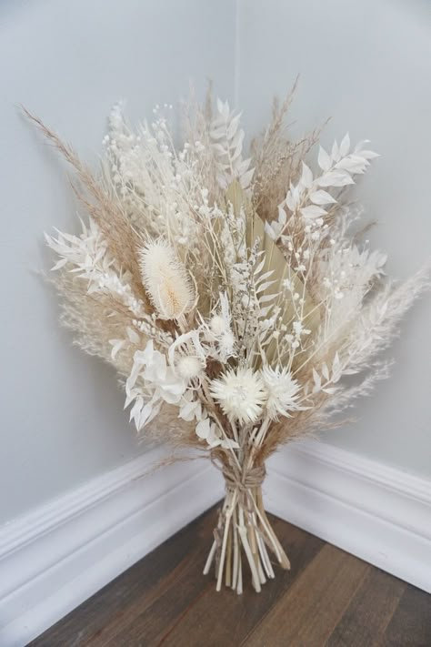 Neutral Dried Flower Bouquet Boho Bridal Bouquet Pampas Grass - Etsy Canada Neutral Dried Flower Bouquet, Swanky Wedding, White Dried Flower Bouquet, Bridal Bouquet Pampas, Planning 2024, Wedding Staircase, Neutral Wedding Decor, Boho Bridal Bouquet, Bridal Things