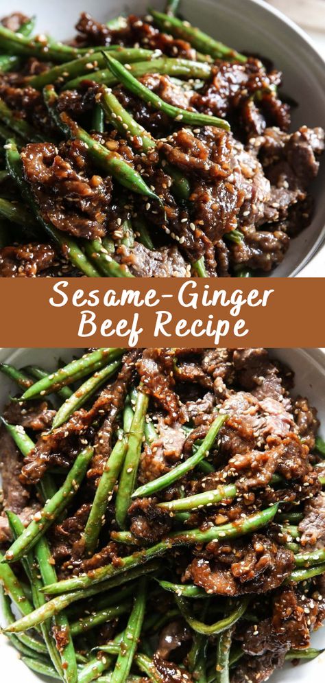 Sesame-Ginger Beef Recipe - Cheff Recipes Beef With Green Beans Stir Fry, Steak And Green Beans Dinners, Chinese Beef And Green Beans, Dinner Ideas With Green Beans, Sesame Beef Recipe, Beef And Green Bean Stir Fry, Thai Beef Recipes, Ginger Recipes Dinner, Fresh Ginger Recipes