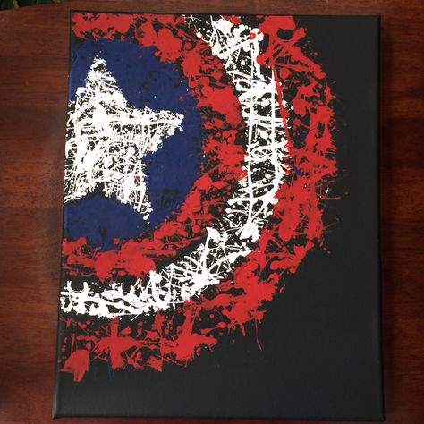 Paint splattered Captain America shield Captain America Shield, Paint Splatter, Captain America, Projects To Try, Paint, Quick Saves, Art