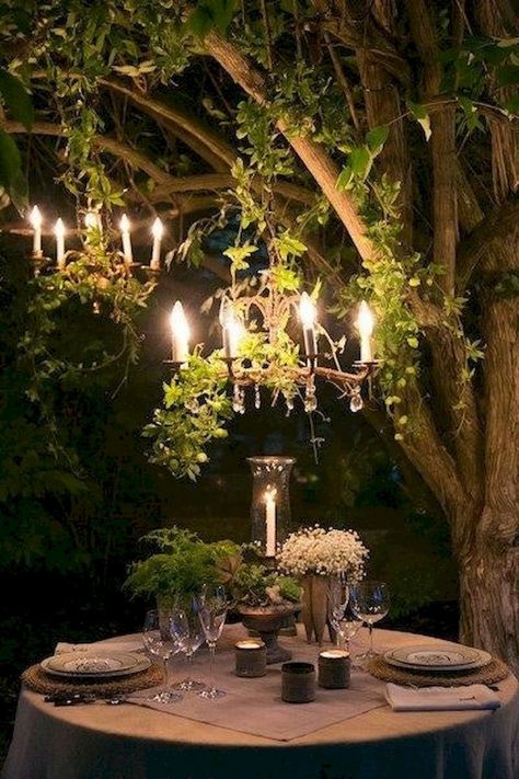 Add a chandelier or two to the tree.  Set a table with linen, china, flatware, stemware, and a hurricane glass candle.  Add tea lights and a moss & fern centerpiece. Jardin Style Shabby Chic, Shabby Chic Garden, Outdoor Dinner, Have Inspiration, Kew Gardens, Decor Minimalist, Romantic Dinners, Outdoor Rooms, Outdoor Entertaining