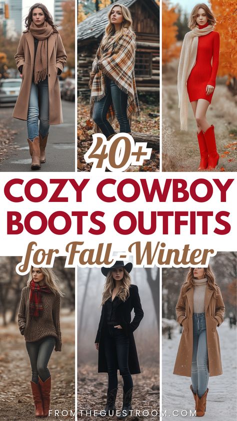 women wear cowboy boots outfits for fall winter, western outfits How To Style Tall Western Boots, Pointed Cowboy Boots Outfit, Cold Weather Cowgirl Boots Outfit, Cowgirl Boots Outfit Fall Jeans, Mid Cowboy Boots Outfit, Cowboy Boots Autumn Outfit, How To Wear Cowboy Boots Women Jeans, Modern Cowboy Boots Outfit, Jeans With Cowboy Boots Outfits