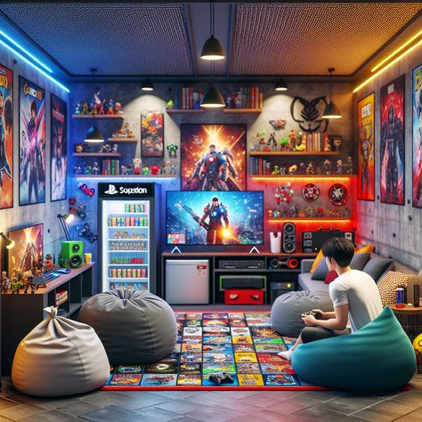 #VideoGamer's dream man cave with neon-lit walls, top-notch gaming gear, snug seating, mini fridge, and collectibles display. Perfect for immersive gaming experience! #GamingRoom #ManCave #GamersParadise #GamingSetup #GameCollectibles #RoomDecor Game Room Office Combo Ideas, Bedroom Game Room, Game Bedroom, Neon Gaming Room, Gamer Room Decor Ideas, Teen Gamer Bedroom, Mini Man Cave Ideas, Gamer Living Room, Loft Decorating Ideas Upstairs