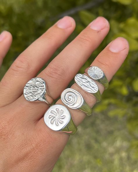 from wax to metal 🕯️ crafted from recycled sterling silver using the ancient lost wax casting process, each piece starts from a block of wax that i carve, melt and engrave before sending it off to get cast into metal. all of these one off beauties are still available & looking for their forever homes! Cast Rings Ideas, Wax Carved Ring Ideas, Wax Cast Rings Sterling Silver, Wax Ring Carving Ideas, Lost Cast Waxing Rings, Wax Ring Carving, Wax Carving Ring, Diy Silver Rings, Silver Clay Jewelry Ideas