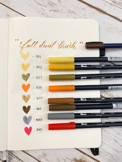 My favorite @tombowusa Dual brush pen colors for #fall #autumn season! 🥰🍁🌾✨🍂 Tombow Fall Palette, Tombow Color Combinations, Tombow Dual Brush Pen Color Combinations, How To Use Tombow Dual Brush Pens, Pen Swatches Bullet Journal, Tombow Dual Brush Pen Swatches, Pen Stationary, Tombow Brush Pen, Tombow Markers