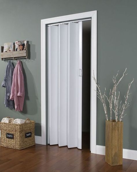 Vinyl Accordion Closet Door Alternative #closet #doors #organization #decorhomeideas Door Ideas For Small Spaces, Accordian Door, Closet Door Alternative, Accordion Folding Doors, Temporary Door, Bathroom Door Ideas, Folding Closet Doors, Door Alternatives, Accordion Door