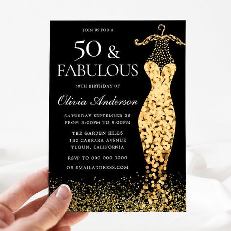 Glamorous Gold Dress Fabulous 50th Birthday for $2.80 - Birthday Invitations Gold And Black Invitation, 50th Golden Birthday, 65th Birthday Ideas, Champagne Gold Dress, Shop Red Dress, Birthday Dinner Invitation, 50th Birthday Invitation, Golden Gown, 60th Birthday Ideas