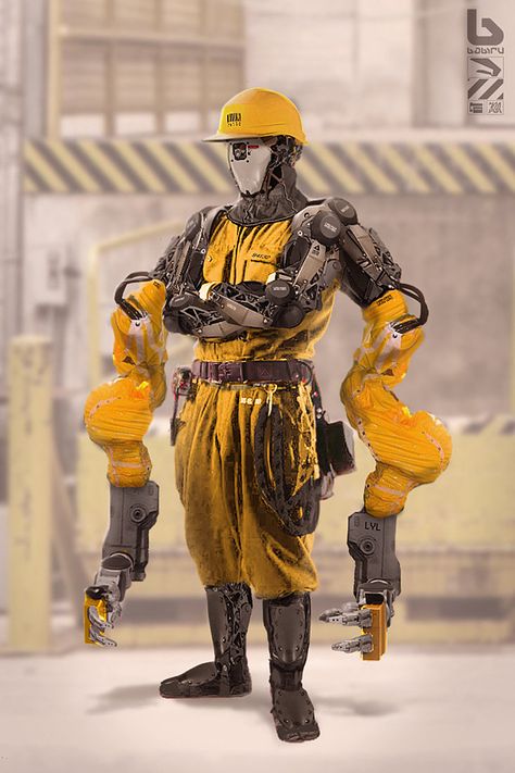 Construction Worker: a personal art work. An image from Nivanh's 'Babiru' project. Nivanh Chanthara, Futuristic Robot, Fahrenheit 451, Mech Suit, Future Soldier, Arte Robot, Cyberpunk Character, Construction Worker, Robot Design