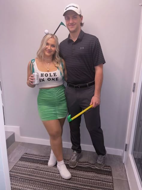 Cute Unique Halloween Costumes For Couples, Appropriate Halloween Costumes Couples, Golfer Couple Costume, Tequila And Lime Costume Couple, Golf Couple Halloween Costumes, Couples Golf Costume, Good Halloween Costumes For Couples, Caddy And Golfer Costume, Couples Golf Halloween Costume