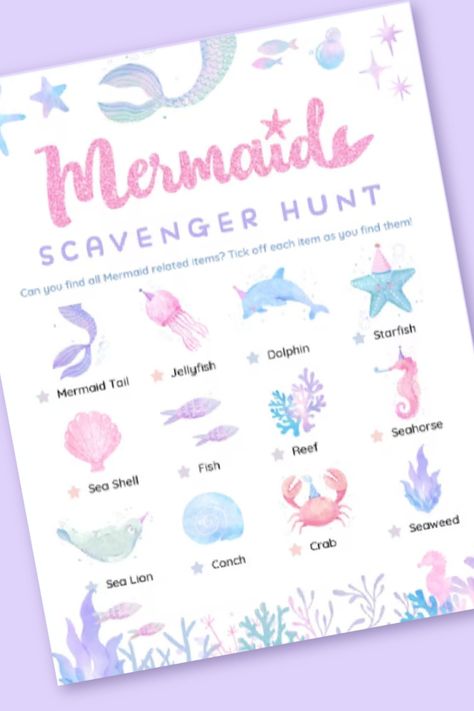 A mermaid treasure hunt is a cool party activity that is great to keep kids busy. You can set it up either in or outdoors and have your guests frantically search for under the sea items off their list. See more party ideas and share yours at CatchMyParty.com Mermaid Birthday Printables, Mermaid Treasure Hunt, Mermaid Party Printables, Mermaid Party Games, Mermaid Party Food, Mermaid Treasure, Mermaid Pool Parties, Sea Party Ideas, Mermaid Party Supplies