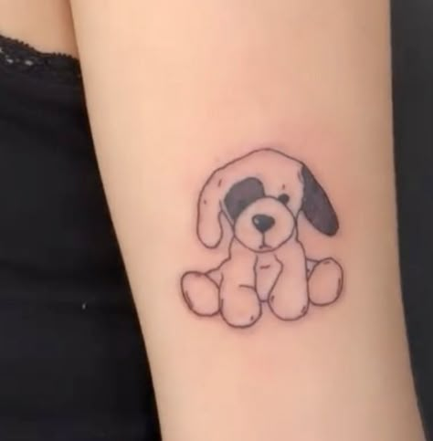 Dog Bowl Tattoo, Stuff Animal Tattoo, Stuffed Dog Tattoo, Dog Stuffed Animal Tattoo, Childhood Toy Tattoo, Childhood Dog Tattoo, Aesthetic Dog Tattoo, Childhood Stuffed Animal Tattoo, Dog Tattoo Aesthetic