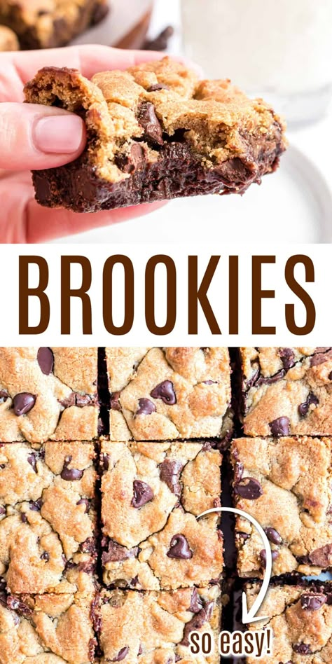 Is it a cookie? A brownie? These giant Brookies are both! This recipe takes gooey chocolate chip cookies and marries them to fudgy brownies for the ultimate treat! Dessert With Brownies, Chocolate Chip Cookie Desserts Ideas, Homemade Brookie Recipe, Air Fryer Brookies, How To Make A Brookie, Brookies Recipes Easy, Easy Brownie Cookie Recipes, Homade Desserts Recipes Easy, How To Make Brookies