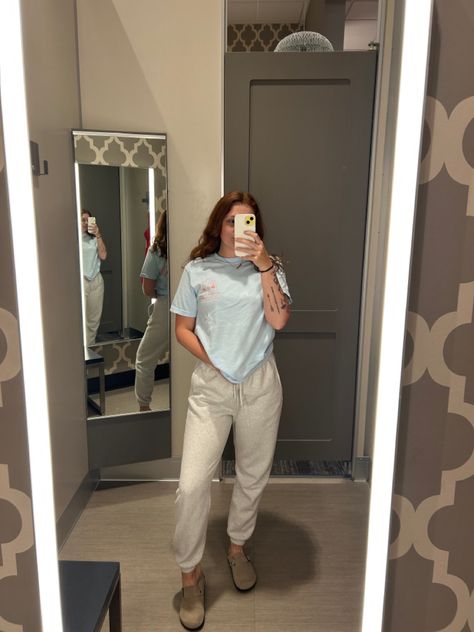 #sweatpants #birkenstock #redhead #ginger #fashion #target #fashion #outfitideas #outfitinspo #fit #ootd #lgbtq Sweatpants And Birkenstocks Outfit, Birkenstocks Outfit, Ginger Fashion, Target Fashion, Birkenstock Outfit, Sweatpants Outfit, Lounge Outfit, Clothing Outfits, Sporty Outfits