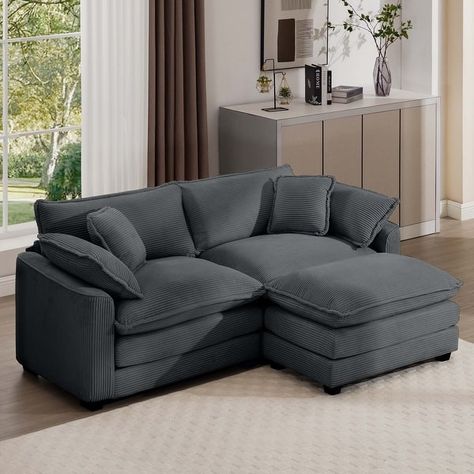 Grey 2-Seater Sectional Sofa Set with Ottoman & Removable Armrests - Bed Bath & Beyond - 41307965 Corduroy Sofa, Ottoman Sofa Bed, Small Living Spaces, Sofa With Ottoman, Retro Elements, Lounge Couch, Grey Sofa Bed, Modular Sectional Sofa, Sectional Sofas