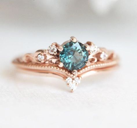 Teal Sapphire Engagement Ring, Round Sapphire Ring #EngagementRings Round Sapphire Engagement Ring, Round Sapphire Ring, Sapphire Antique Ring, Engagement Rings Ideas, Vintage Inspired Engagement Rings, Cute Engagement Rings, Engagement Ring Ideas, Antique Engagement Ring, Teal Sapphire