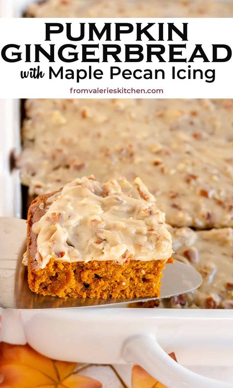 This Pumpkin Gingerbread is loaded with molasses, ginger, and cinnamon and is topped with a Maple Pecan Icing. All the flavors of the holidays in one delicious dessert! #gingerbread #pumpkin #thanksgiving #christmas #dessert #cake Loaf Bread Recipes, Gingerbread Pumpkin, Fall Bread, Fall Bread Recipes, Classic Pumpkin Pie Recipe, Classic Pumpkin Pie, Cake Bars Recipe, Pumpkin Gingerbread, Pumpkin Pie Recipe Easy