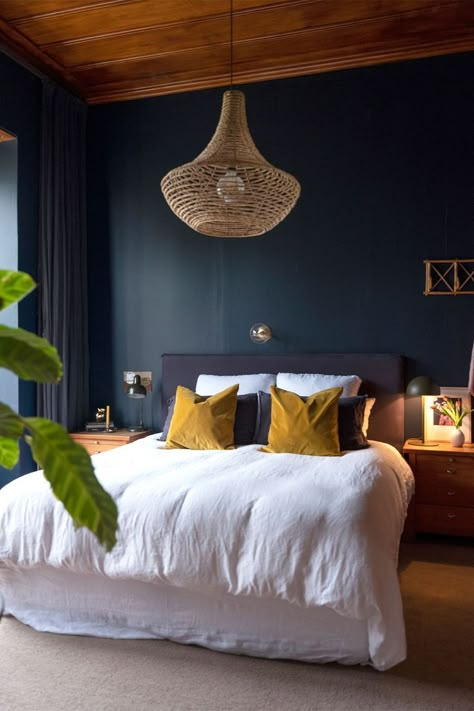 Midnight Blue Bedroom, Dark Blue Rooms, Dark Blue Bedroom, Navy Bedrooms, Dark Blue Bedrooms, Navy Blue Bedrooms, Blue Bedroom Walls, Blue Accent Walls, Dark Blue Walls