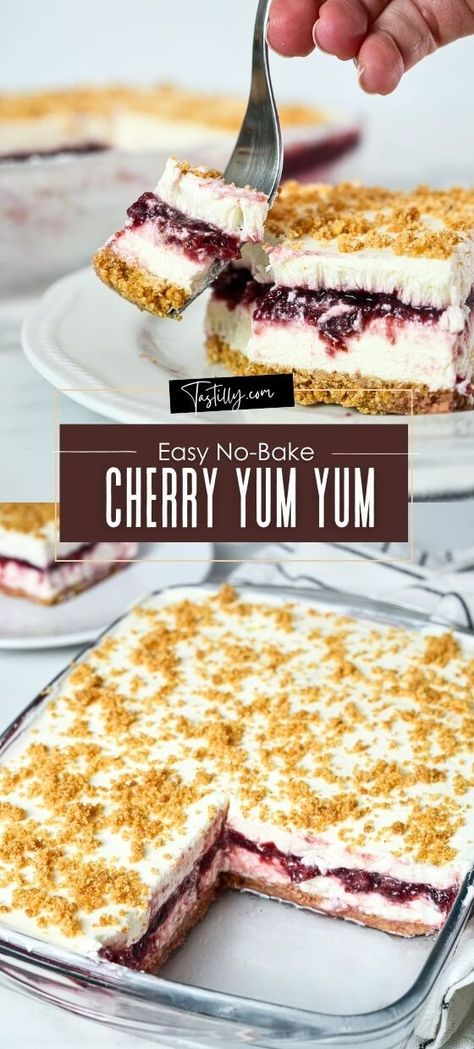 Quick & Easy No-Bake Cherry Yum Yum - Tastilly Cherry Yum Yum, Easy Honey Garlic Chicken, Canned Cherries, Cherry Filling, Whipped Cream Cheese, Steak Bites, Honey Garlic Chicken, Cherry Pie Filling, Cookie Crumbs