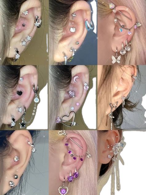 Idea For Ear Piercing, Piercings And Tattoos Women, Piercing Inspo Both Ears, Douyin Ear Piercing, Kawaii Ear Piercings, Ear Piercings Asian, Ear Decoration Piercings, Lot Of Ear Piercings, Ear Piercing Ideas Grunge