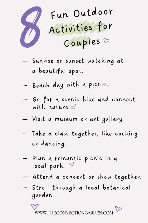 Explore the outdoors with your partner through our 8 Fun Outdoor Activities for Couples. Perfect for those seeking adventure and connection. Check out our blog for these and more engaging, relationship-enriching ideas. #couplestherapy #relationshipadvice #conflictresolution #personalgrowth #selfimprovement #relationshiptools #healthyrelationships #deepconversationstarters #emotionalintimacy #relationshipgrowth #relationshipgoals #Deeperconversationstarters💟#LoveStory #RomanticEncounters #HeartfeltConnections #DateNightIdeas #SoulmateSearch #FlirtyFridays #CandlelitDinners #StarryEyedMoments #LoveQuotes #DreamyDates #WhisperedPromises #AmourAdventures Strengthen Relationship Couples, Couples Activity Ideas Relationships, Relationship Exercises For Couples, Summer Couple Activities, Couple Content Ideas, Summer Activities Couples, Summer Activities For Couples, Couples Ideas Activities, Couples Activity Ideas