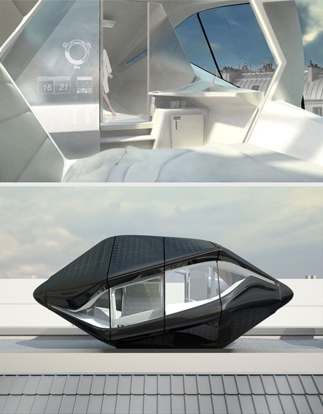 Futuristic Rooftop Living Room in a Compact Prefab Capsule Rooftop Living Room, Futuristic Furniture Design, Architecture Futuristic, Furniture Design Architecture, Interior Design Minimalist, Futuristic Furniture, Living Roofs, Futuristic Home, Futuristic Interior