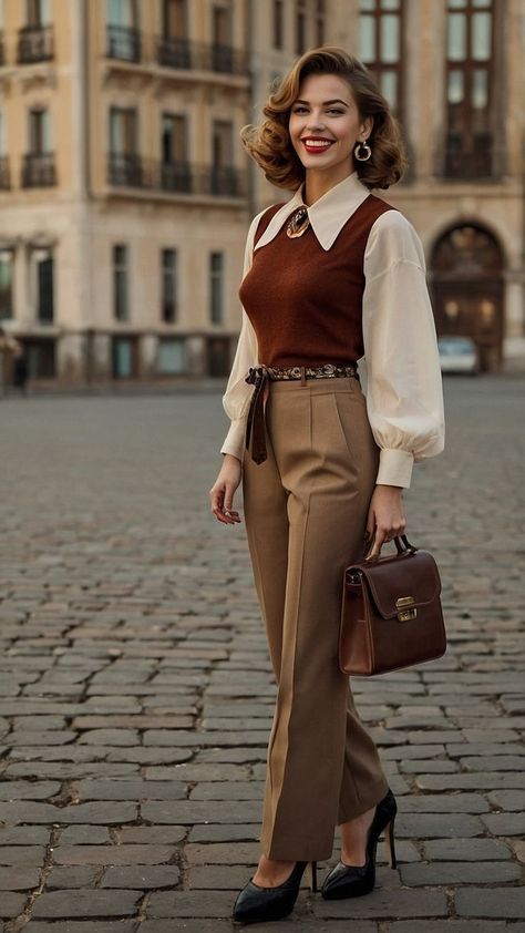 British Old Fashion Clothes, Retro Outfits Classy, 70s Inspired Office Wear, Women In Trousers, Winter Office Attire Women, Retro Fits Outfits, 70s Business Woman Aesthetic, 50s Outfits For Women Casual, Women’s Preppy Outfits