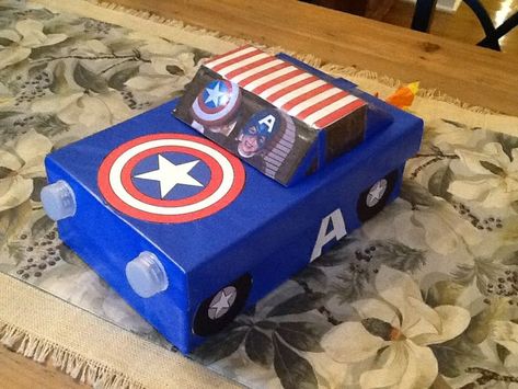 Captain America Valentine's Day Shoe Box! Captain America Valentine Boxes For Boys, Marvel Valentines Cards, Car Cardboard, Valentine Sayings, Shoe Box Crafts, Boys Valentines, Valentine Card Box, Cardboard Car, Valentine Boxes