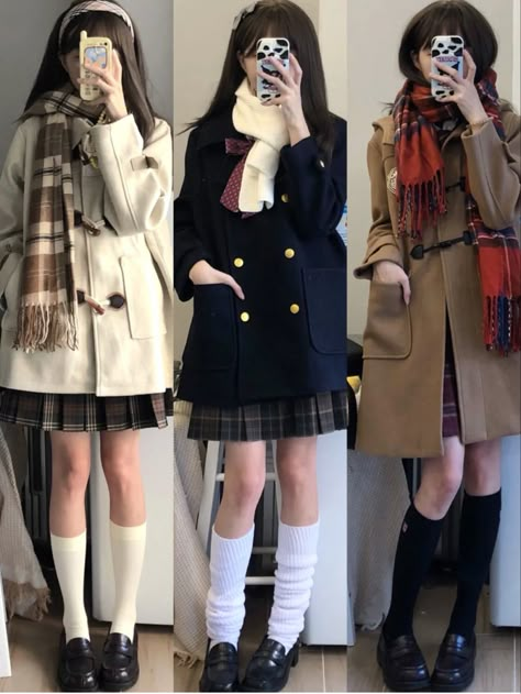 Styling A Coat, Cute Casual Outfits Japanese, Cute Fall Outfits Korean, Igari Winter Outfit, Uniform Styling Ideas, Shojou Outfit Ideas Winter, Igari Fashion Winter, Simple Japanese Fashion, Japanese Date Outfit