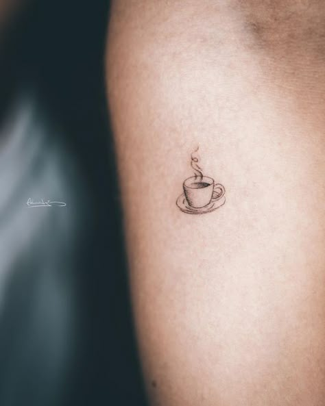 Small Tattoos Coffee Cup, Small Cup Of Coffee Tattoo, Minimalist Coffee Mug Tattoo, Dainty Coffee Cup Tattoo, Aesthetic Coffee Tattoo, Coffee Croissant Tattoo, Cup Of Coffee Tattoo Minimalist, Tiny Coffee Cup Tattoo, Fine Line Coffee Cup Tattoo