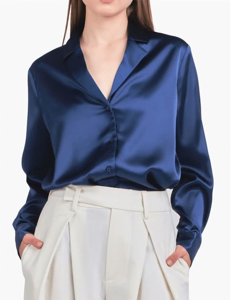 Must-Have Satin Shirts to Buy Now 50 Is Not Old fashion blogger, tania stephens blue satin Blue Satin Shirt, Satin Top Outfit, Satin Shirt Outfit, Satin Button Down Shirt, Shirts To Buy, Satin Shirts, Satin Button Up, Diamond Heart Pendant Necklace, Over Shirt