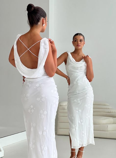 Cowl maxi dress Fixed shoulder straps, open back with cross detai, bias cut, split at leg, sheer Slight stretch, fully lined 85% polyester 15% nylon Cold gentle machine wash Fitted Wedding Reception Dress, Off White Casual Wedding Dress, Vacation Wedding Dress, Second Time Bride Dress Over 40, Winter Rehearsal Dinner Dress For Bride, White Hoco Dress Long, Cow Renewal Dress, Ivory Reception Dress, Beach Wedding Short Dress