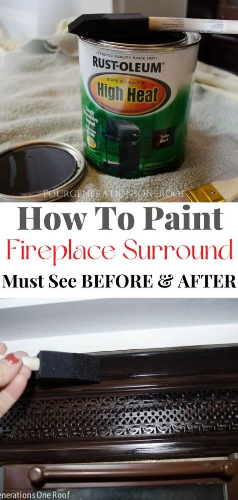 painting a brass metal fireplace surround with black paint using a foam brust Black Fireplace Mantel Paint, Two Tone Fireplace Paint Colors, Gold Fireplace Makeover, Fireplace Metal Surround, Paint Brass Fireplace Surround, Painting Brass Fireplace, Metal Fireplace Makeover, Paint Inside Fireplace, How To Paint Slate Fireplace